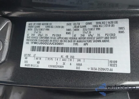 2018 Ford Escape Se из США, поврежденный, VIN 1FMCU0GD2JUC03651